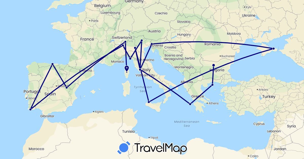 TravelMap itinerary: driving in Bulgaria, Switzerland, Spain, France, Greece, Italy, Portugal, Russia, Slovenia (Europe)